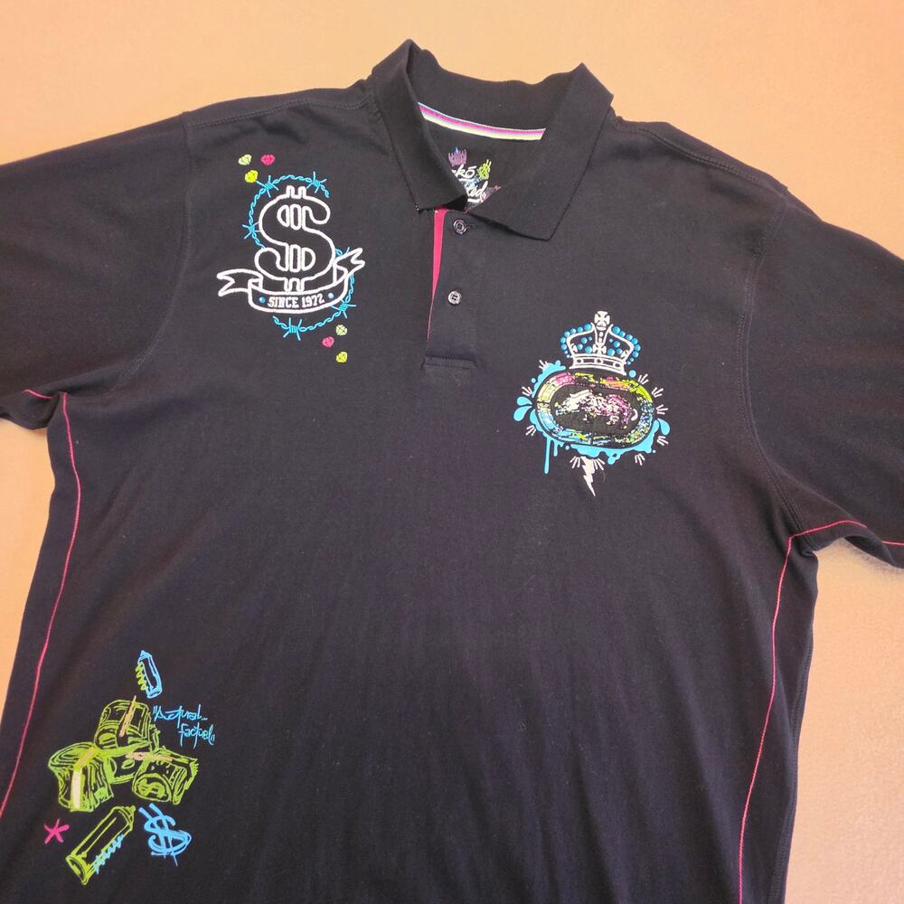 Ecko Unltd Vintage Rhinestone Bling Embroidered Graphic Polo Shirt Black Sz XXL